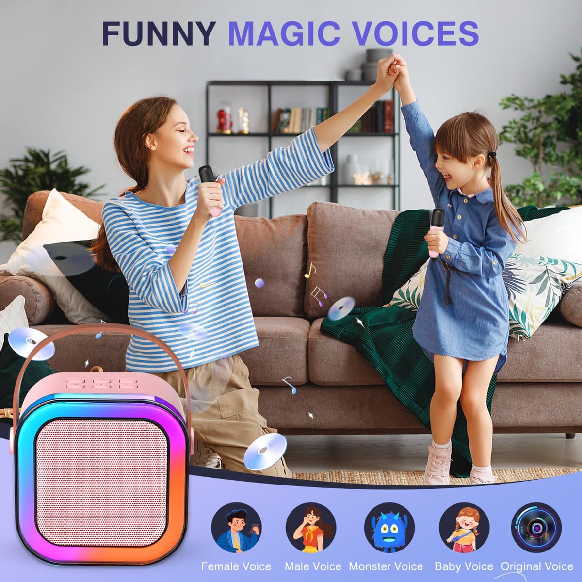TAEMVV Mini Karaoke Machine for Kids,Portable BT Speaker with 2 Wireless Microphones and LED Light Holiday Birthday Gift Toy for Boys and Girls Teens Over 4,5,6,7,8,9,10,11,12+ Years Old（Pink） — view 7