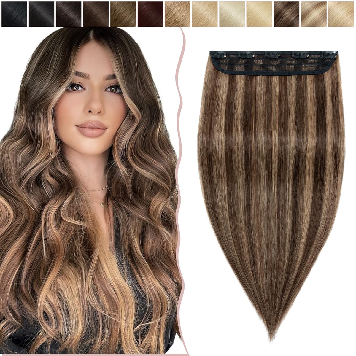 14"(35cm) SEGO Extensiones de Cabello Natural Clip Una Pieza GRUESA [#4/27 Castaño Chocolate/Rubio Oscuro] 100% Remy Pelo Humano Liso Postizos (75g)