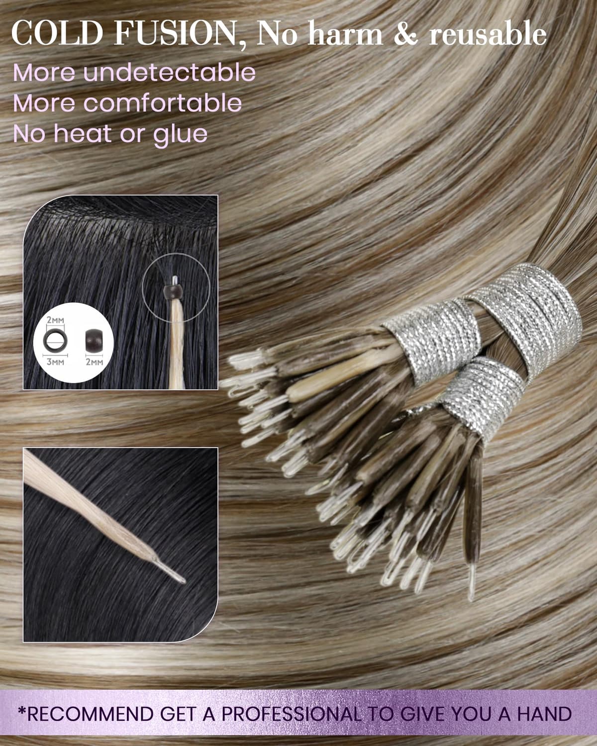 LaaVoo Nano Ring Hair Extensions Human Hair Nano Hair Extensions Brown 16 Inch Invisible Nano Beads Straight Remy Highlight Light Brown with Ashy Blonde Real Hair 50g 50s #p8/24 — view 3