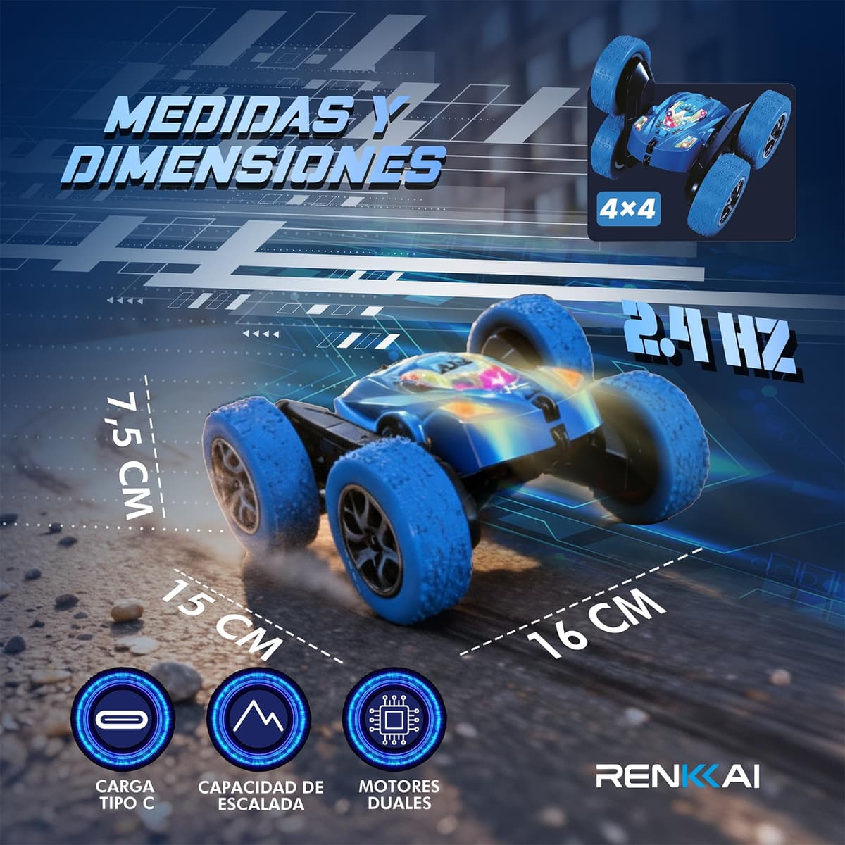 RENKKAI Coche Teledirigido Niños 3 4 5 6 7 8 Años | Coche teledirigido niños 4 años | Juguete Niño Regalo 3 4 5 6 7 8 9 12 Años | 2.4Ghz con Luces | Coches para Niños | ACROBÁTICO 360° — view 3