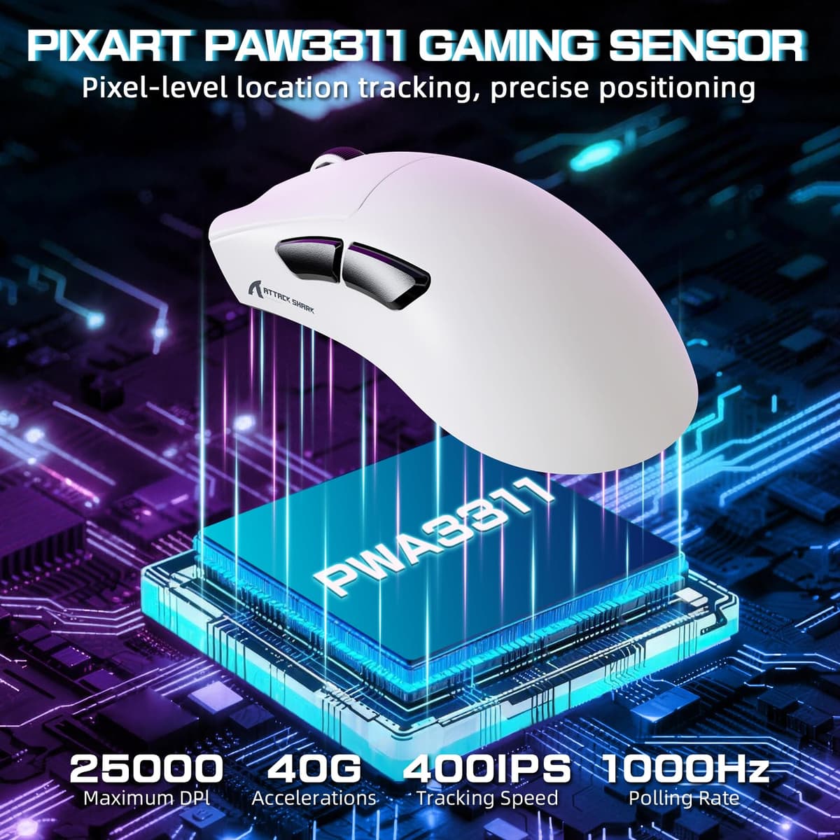ATTACK SHARK V3PRO Ratón Gaming Inalámbrico con Base Carga Magnética, PixArt PAW3311, hasta 25000 dpi, BT/2.4GHz/Alámbrico, 100M Clics, 500mAh, 65g Ultra-Ligero para Win11/Xbox/PS/Mac - Blanco — view 4