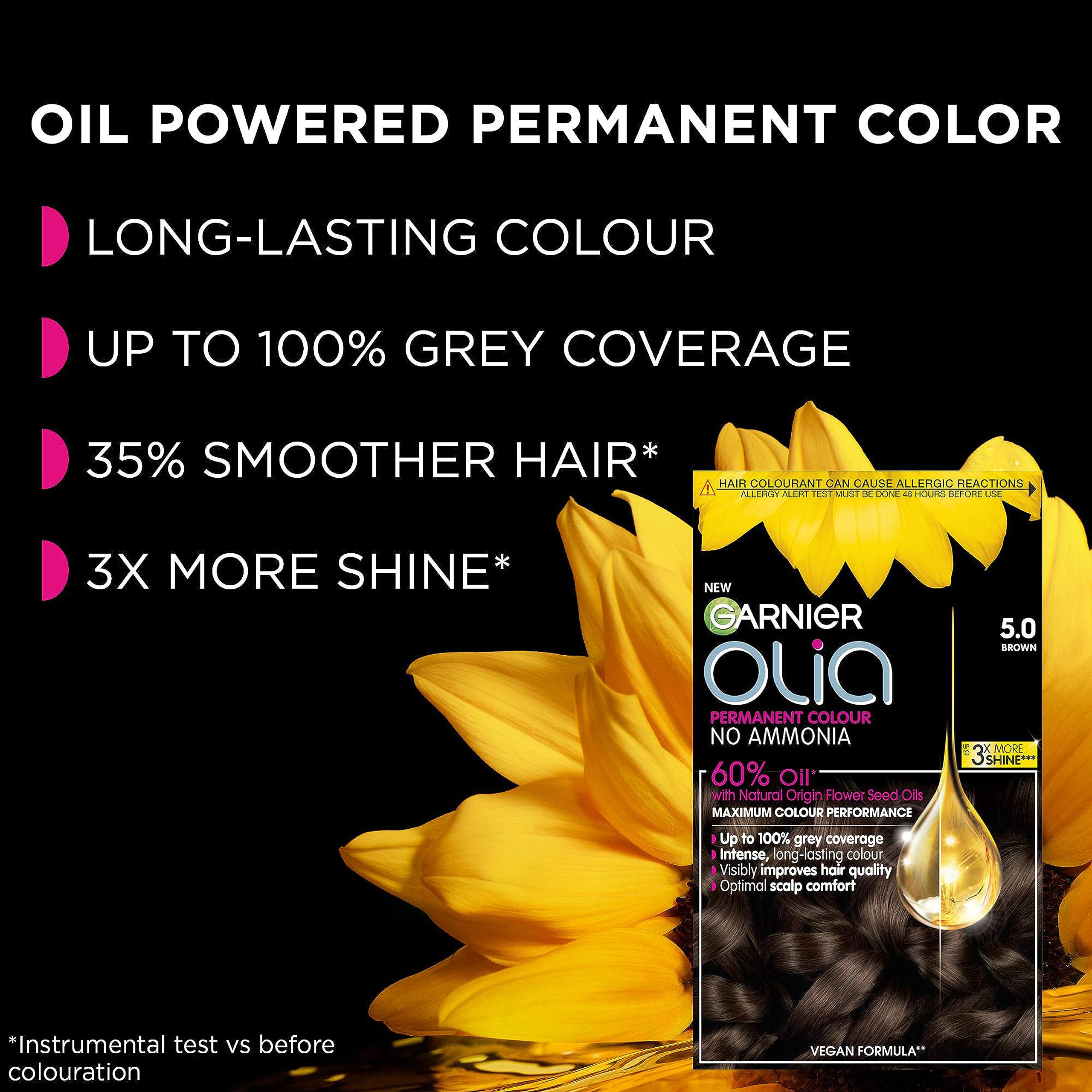Garnier Olia 5.0 Brown, oil-powered, no-ammonia. 100% grey coverage. Luminous, long-lasting, vibrant brown hair color with exceptional shine and a healthy, nourished feel. — view 5