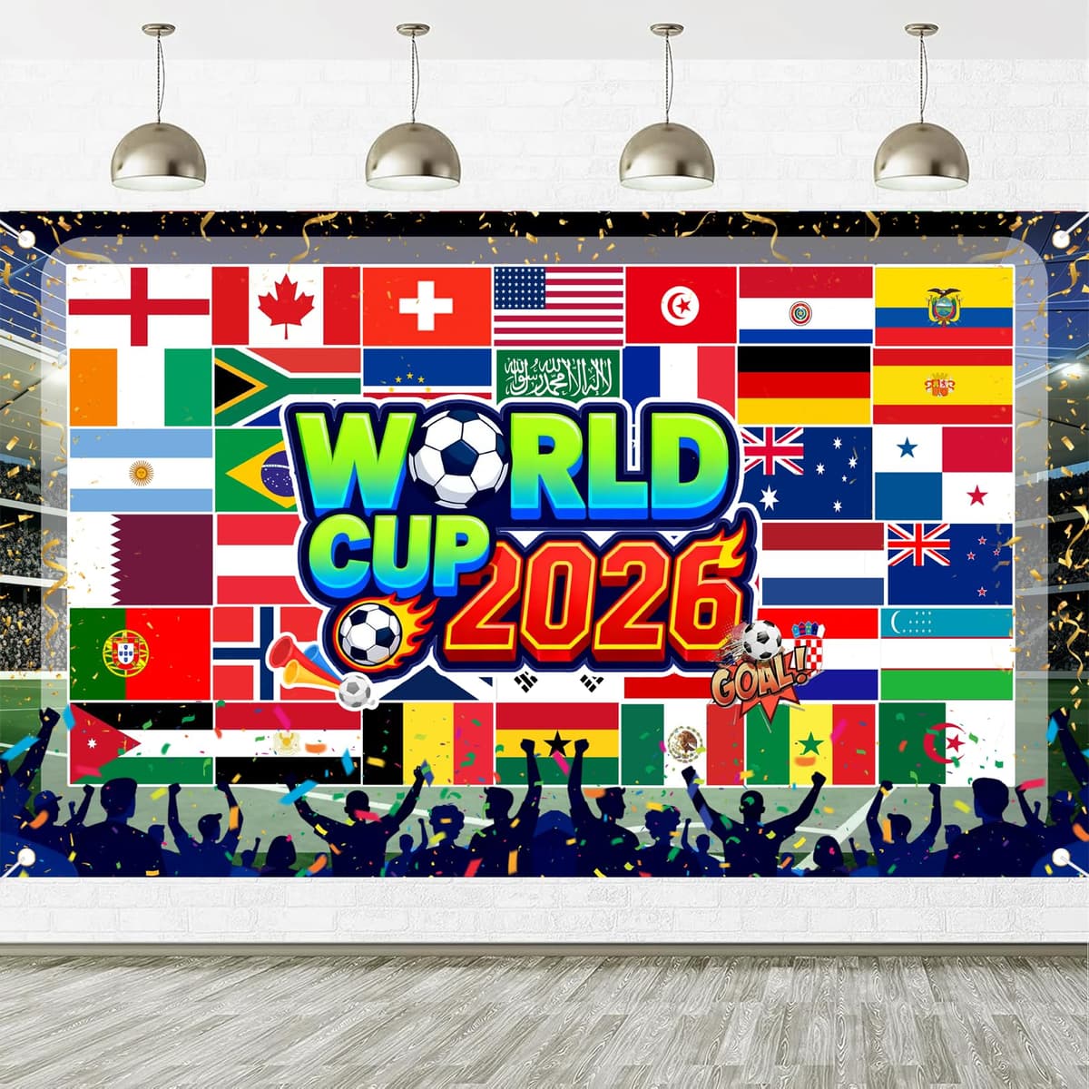 Large 110 x 180 cm World Cup Football 2026 Flag, World Cup Wall Chart Banner Soccer Stadium Atmosphere Background with National Flags Ball Indoor Outdoor Party Garden Home Fan Decor