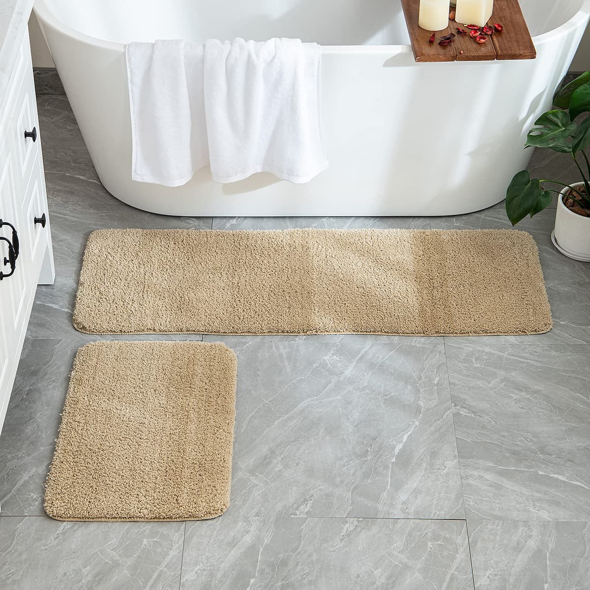 MIULEE Alfombra de Baño Antideslizante Absorbente Microfibra Alfombrilla Baño Lavable a Máquina Alfombra Ducha Baño Cocina Puertas de Entrada Pasillo para Dormitorio Salon Modernas 45x120 cm Beige — view 2