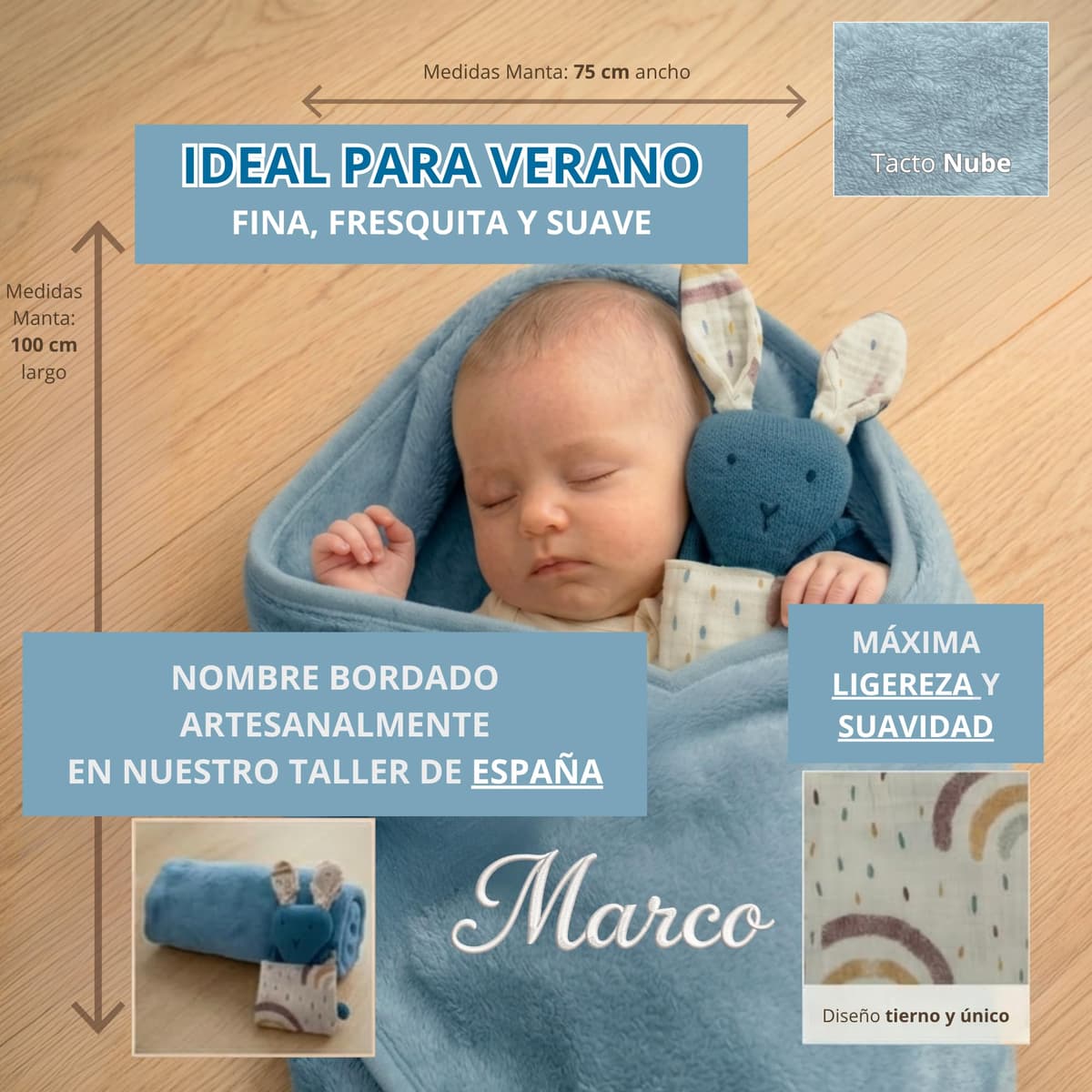 Manta Bebé Personalizada Nombre Bordado + Dou-Dou 100% Algodón - Fina y Ligera para Verano. Regalo Recién Nacido Niño Niña - Manta Suave y Peluche - Regalo Padres y Mamás Primerizas (Azul) — view 2