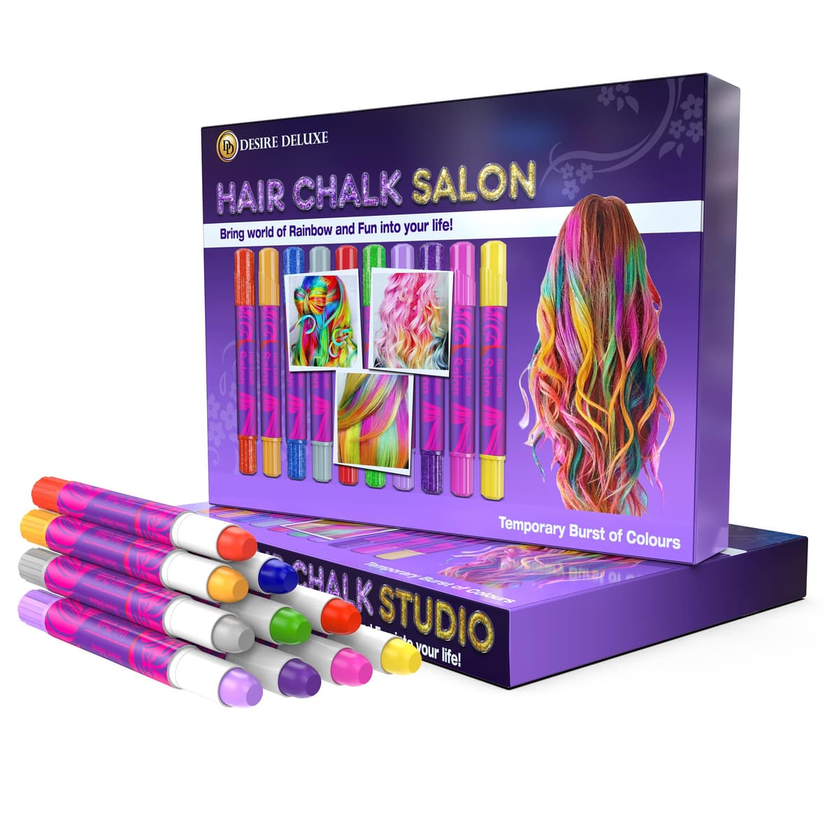 Desire Deluxe SET 10 marcadores de tinte temporal para el cabello, no tóxicos, sin decoloración, para niñas y niños de 3-10 años, con pigmentos colorantes lavables