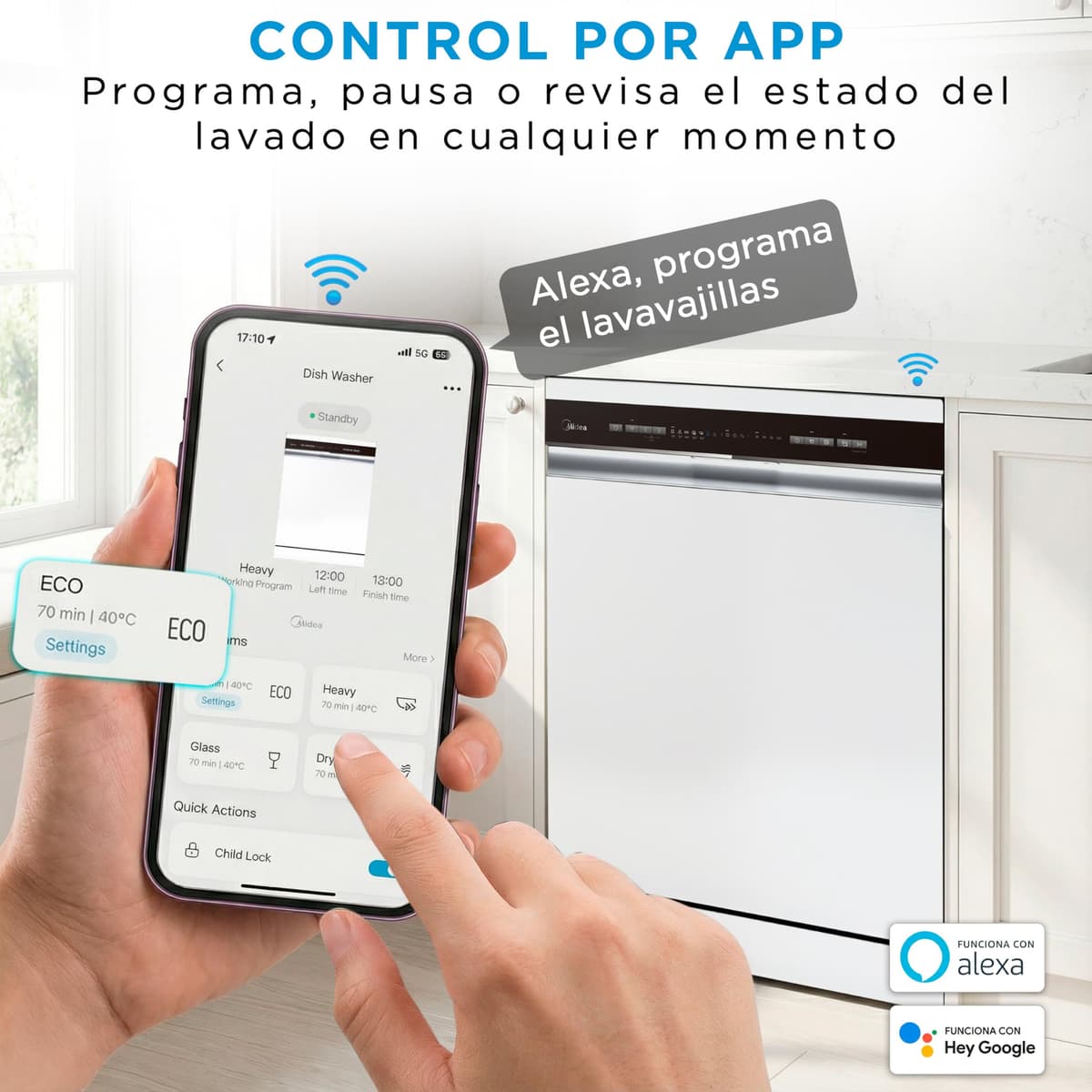 Midea Lavavajillas 60 cm+++ Blanco para 14 servicios - Lavaplatos libre instalación - Compacto con 10 Programas de Lavado integrable - Filtro Antibacterias y Programación Horaria Nuevo Modelo — view 3