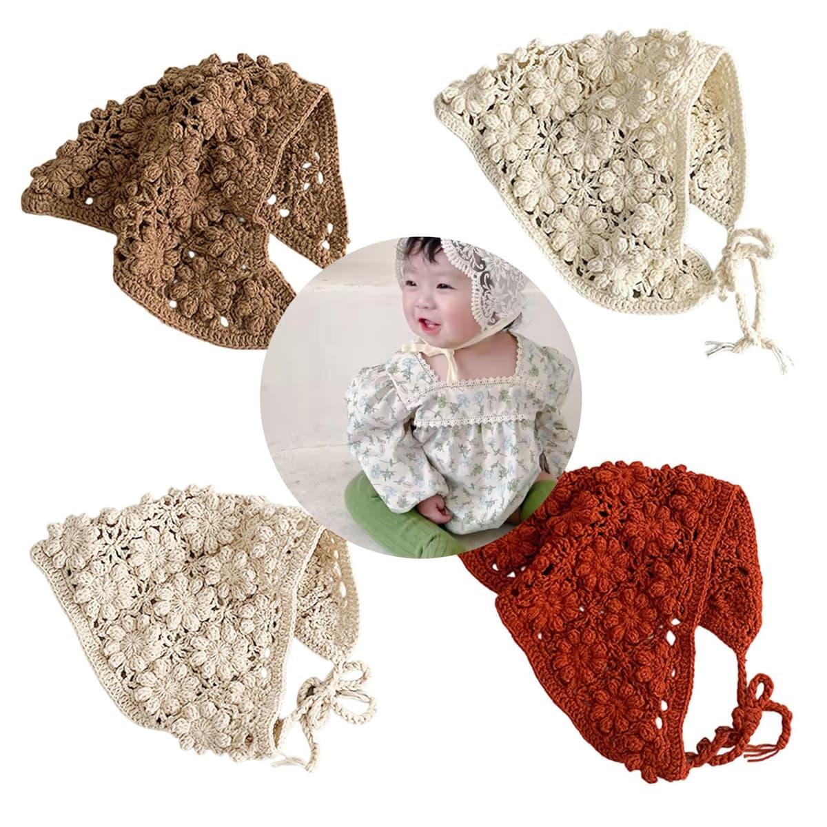 Classical Crochet Baby Bandana Hair Scarf Double Purpose Head Wrap Headwear Soft Texture Hairband for Newborns Girls Vintage Hairband for Infants — view 2