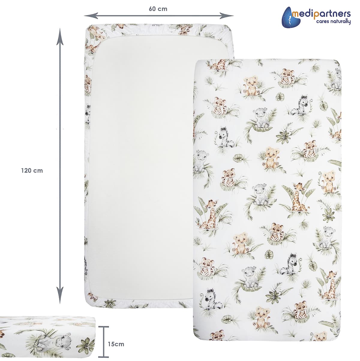 Medi Partners Sabana Bajera Cuna 60x120 Set de 3-100% Algodon Sabanas de Algodón Bebe Ropa de Cama para Bebés Dormir Cuna Fitted Bed Sheet Protector (Safari-Blanco-Gris) — view 4
