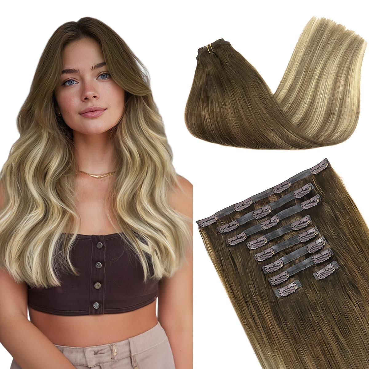 GOO GOO Clip in Hair Extensions Human Hair, 18inch 150g 9Pcs, #2 Dark Brown, Hair extensions for women, Human Hair Extensions Clip in — view 354