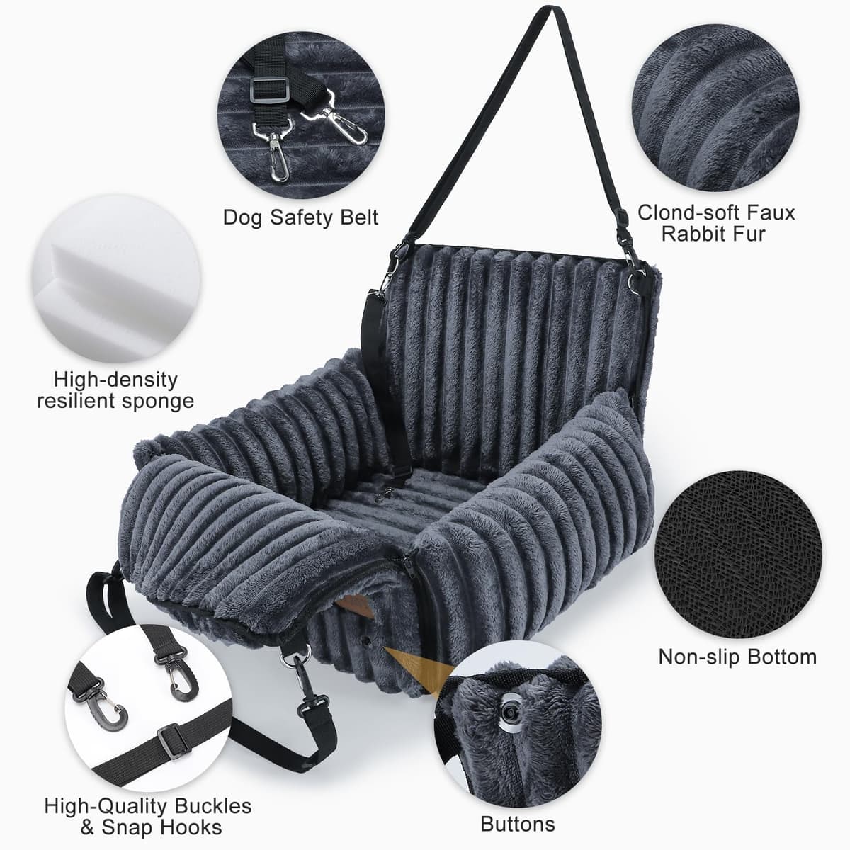 MIXJOY Dog Car Seat with Thick Cushion for Dogs&Cats Under 40lbs, Dog Booster Seats Dog Car Bed with Memory Foam to Prevent Carsick, Detachable Washable Pet Car Seat with 3 Safety Belts(Grey) — view 5