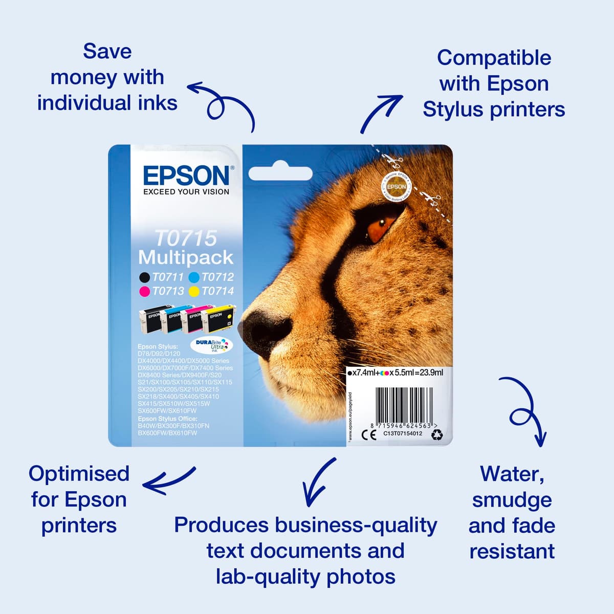 Epson T0715 Black Cyan Magenta Yellow Inkjet Cartridge Value (Pack of 4) C13T07154012 — view 2