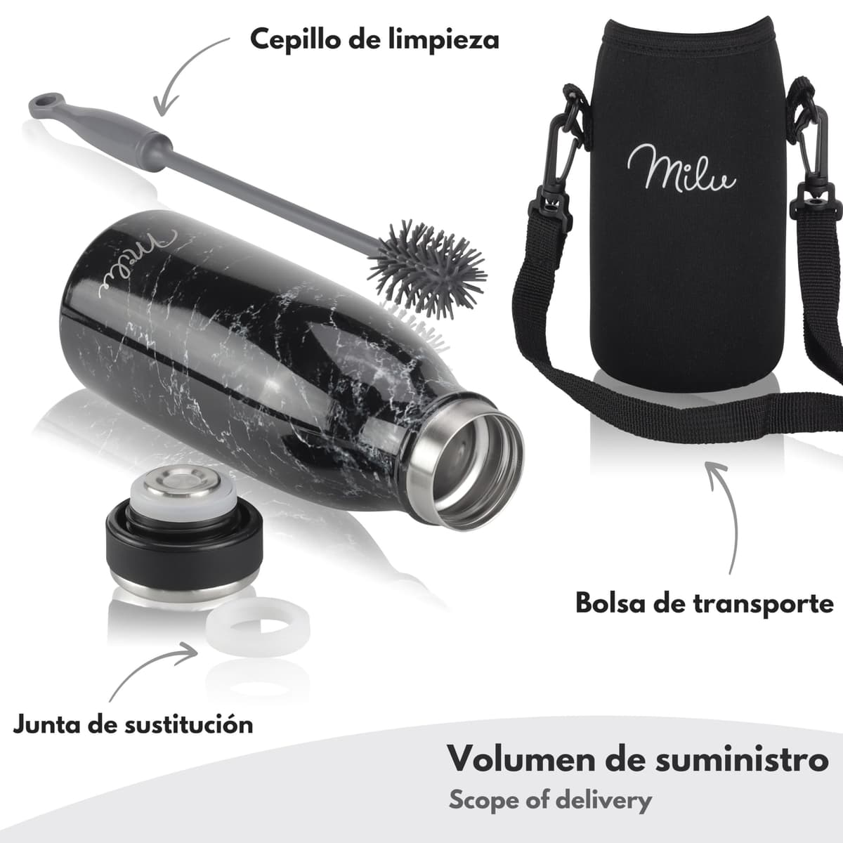 Milu Botella de acero inoxidable de 350ml 500ml 750 ml 1 L 1,5 L botella de agua aislada, termo a prueba de fugas, doble pared, apta para ácido carbónico + cepillo de limpieza (Azul Violeta, 350ml) — view 120