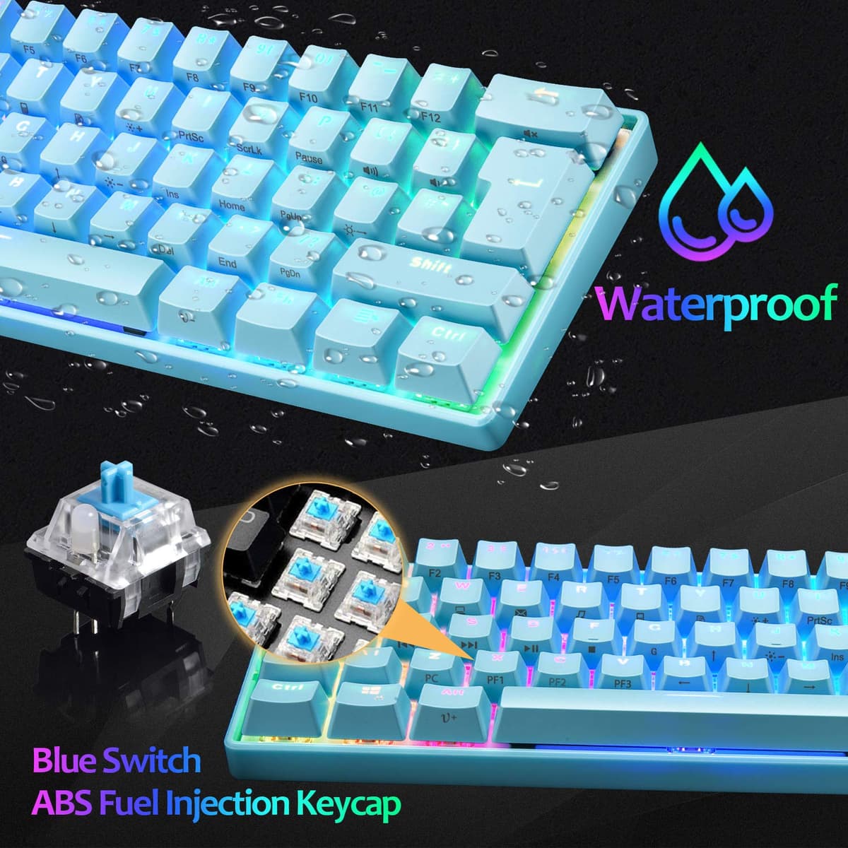UrChoiceLtd UK61 60% Teclado mecánico para Juegos Tipo C Cableado 61 Teclas Retroiluminación LED Teclado Impermeable USB Retroiluminación RGB Teclas Anti-Fantasma para computadora/PC/Laptop/Mac — view 4