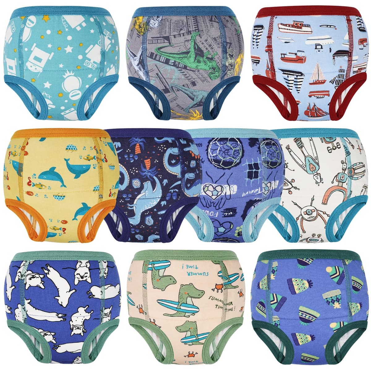 FLYISH DIRECT Potty Training Pants 100% Cotton, 10 Packs of Absorbent and Reusable Toilet Training Pants for Boys and Girls, Blue Green/10 Packs, 4 Years