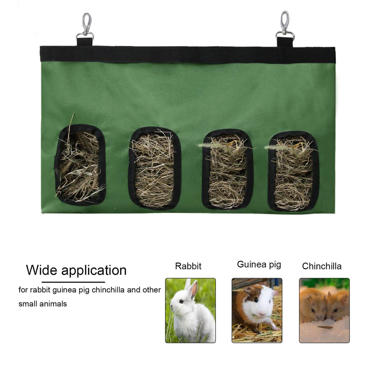 Rabbit Hay Feeder Bag Guinea Pigs Hanging Hay Rack Manger Holder Dispenser Small Animal Feeder Storage Pouch for Bunny Chinchilla Hamster (4 Windows, Black) — view 5