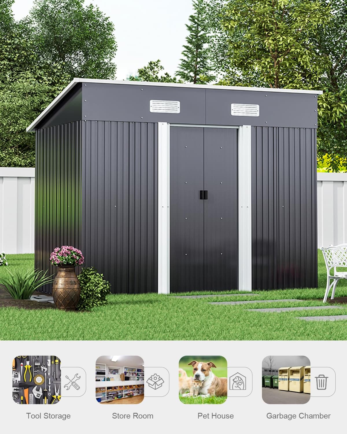 XEMQENER 8 x 4 FT Metal Garden Shed with Base, Lockable Waterproof Outdoor Storage Tool Shed with Pent Roof & Air Vents for Backyard Garden - 238x131x182 cm, Anthracite Grey — view 3