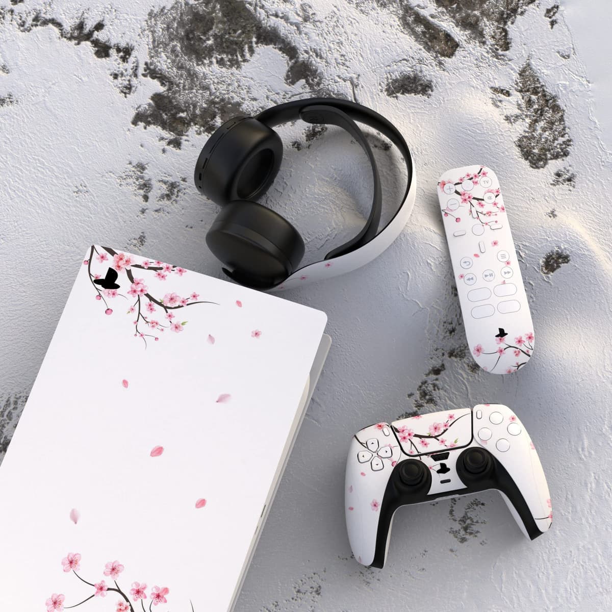 playvital Full Set Skin Decal for ps5 Console Digital Edition, Sticker Vinyl Decal Cover for ps5 Controller & Charging Station & Headset & Media Remote - Falling Cherry Blossom — view 3
