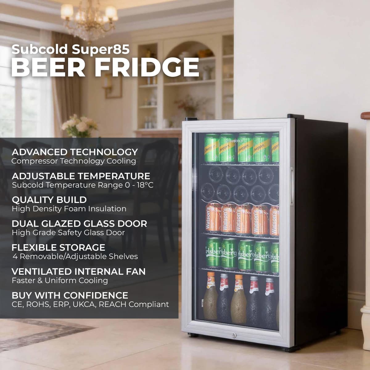 Subcold Super85 LED - Under-Counter Fridge | 85L Beer, Wine & Drinks Fridge | LED Light + Lock and Key | Energy Efficient (Silver, 85L) — view 5