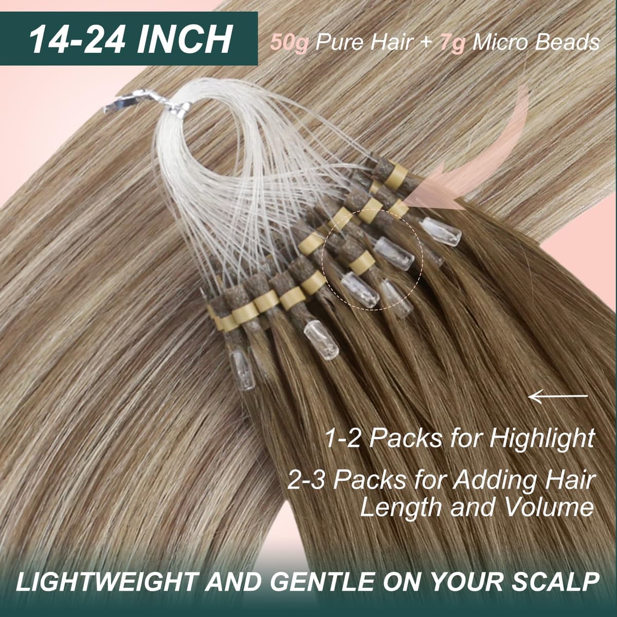 Easyouth Balayage Micro Ring Hair Extensions Ombre Human Hair Micro Beads Hair Extensions Real Human Hair Dark Brown to Light Brown and Medium Blonde Micro Link Human Hair Extensions 16 Inch 50g/50s — view 3