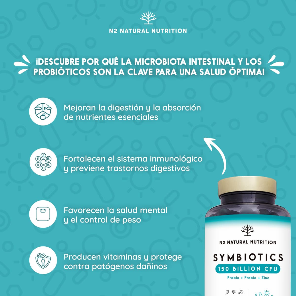 Probioticos 150 mil millones UFC y 20 Cepas. Máxima concentración de Probioticos y Prebioticos intestinales y Zinc. Terapia de choque 76 Días. Colon irritable y gases. Vegano. CE. N2 Natural Nutrition — view 5