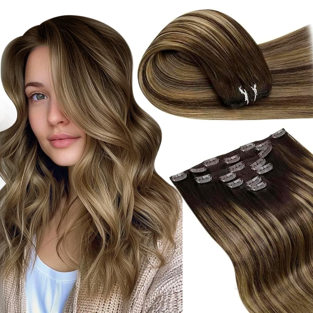LaaVoo Hair Extensions Clip in Real Human Hair Brown Clip in Hair Extensions Dark Brown Remy Straight Hair Full Head Double Weft 80g 5pcs 14 Inch #4 — view 41
