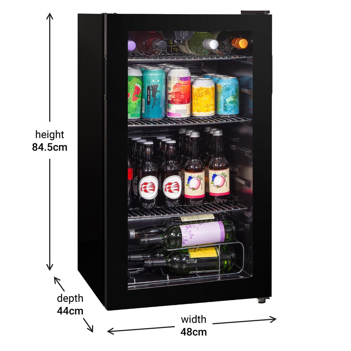 Mini Fridge 93 Litre Undercounter Freestanding Beverage/Drinks Wine Fridge for Beer in Black, LED Light, Drinks & Snacks Glass Door, 3 Adjustable Shelves, Energy Efficient, K48BC101B — view 2
