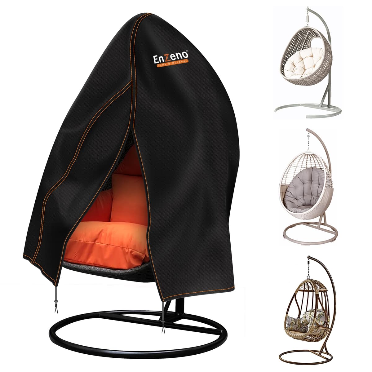 Enzeno Patio Hanging Egg Chair Cover, Outdoor Single seat Cocoon Swing Egg Chair Covers Waterproof with Zipper, 300D Heavy Duty Veranda Garden large Cover for egg chair on stand 190 * 115cm, Black — view 7