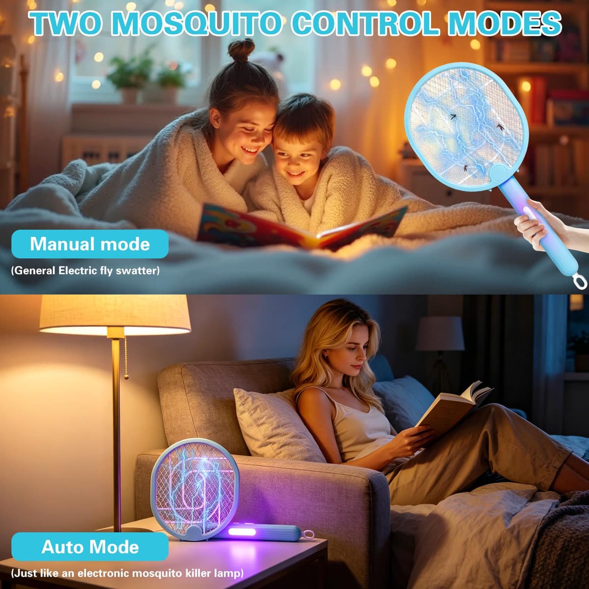 Raqueta Eléctrica Anti-Mosquitos Extra Potente 3000V, 3 en 1 con Luz UV Atractiva, Matamoscas Eléctrico Recargable USB-C, Silencioso, Plegable y Seguro para Dormitorio, Cocina y Jardín (Azul) — view 4