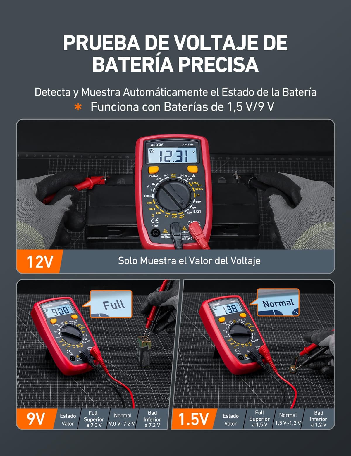 AstroAI Multímetro Digital, Polímetro Profesional, Voltímetro, Tester Electricista, Multimeter para Corriente CC, Voltaje CA/CC, Resistencia, Continuidad y Diodos de Prueba, Negro — view 5