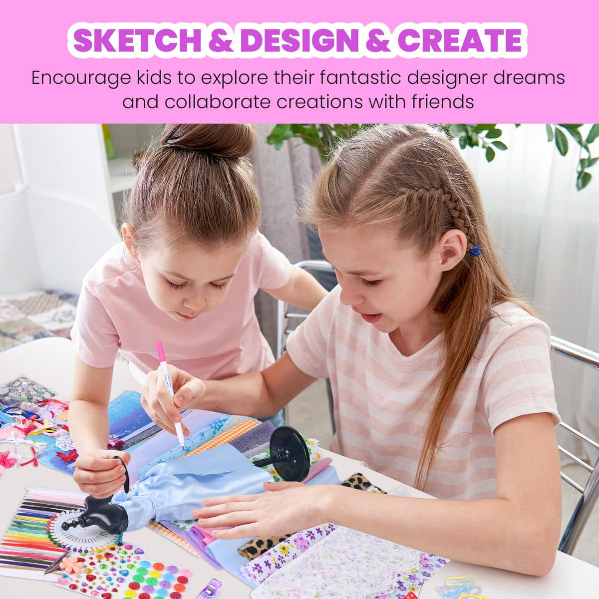 700+Pcs Fashion Designer Kit for Girls - Sewing Kit Arts and Crafts Set for Kids Ages 8-12 with 5 Mannequins & Instruction DIY Doll Clothes Making Learn to Sew Toys for Girls Christmas Birthday Gift — view 6