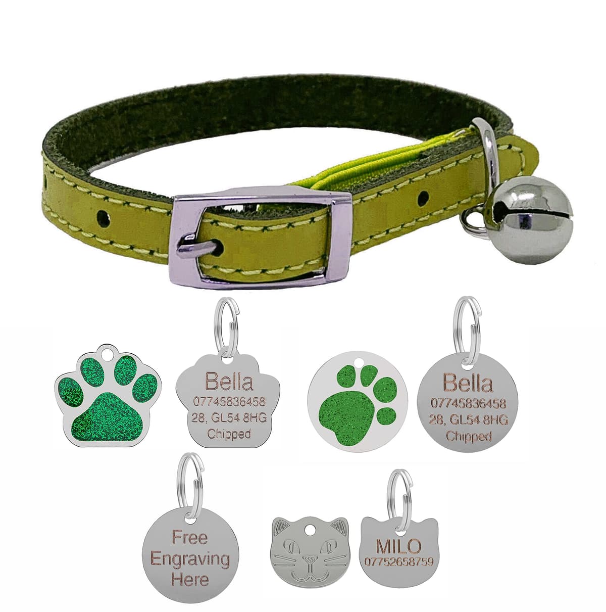 Genuine Leather Cat Collar with Safety Elastic & Bell with Optional Personalised Engraved Tag (Pink, 25mm Glitter Paw Tag) — view 4