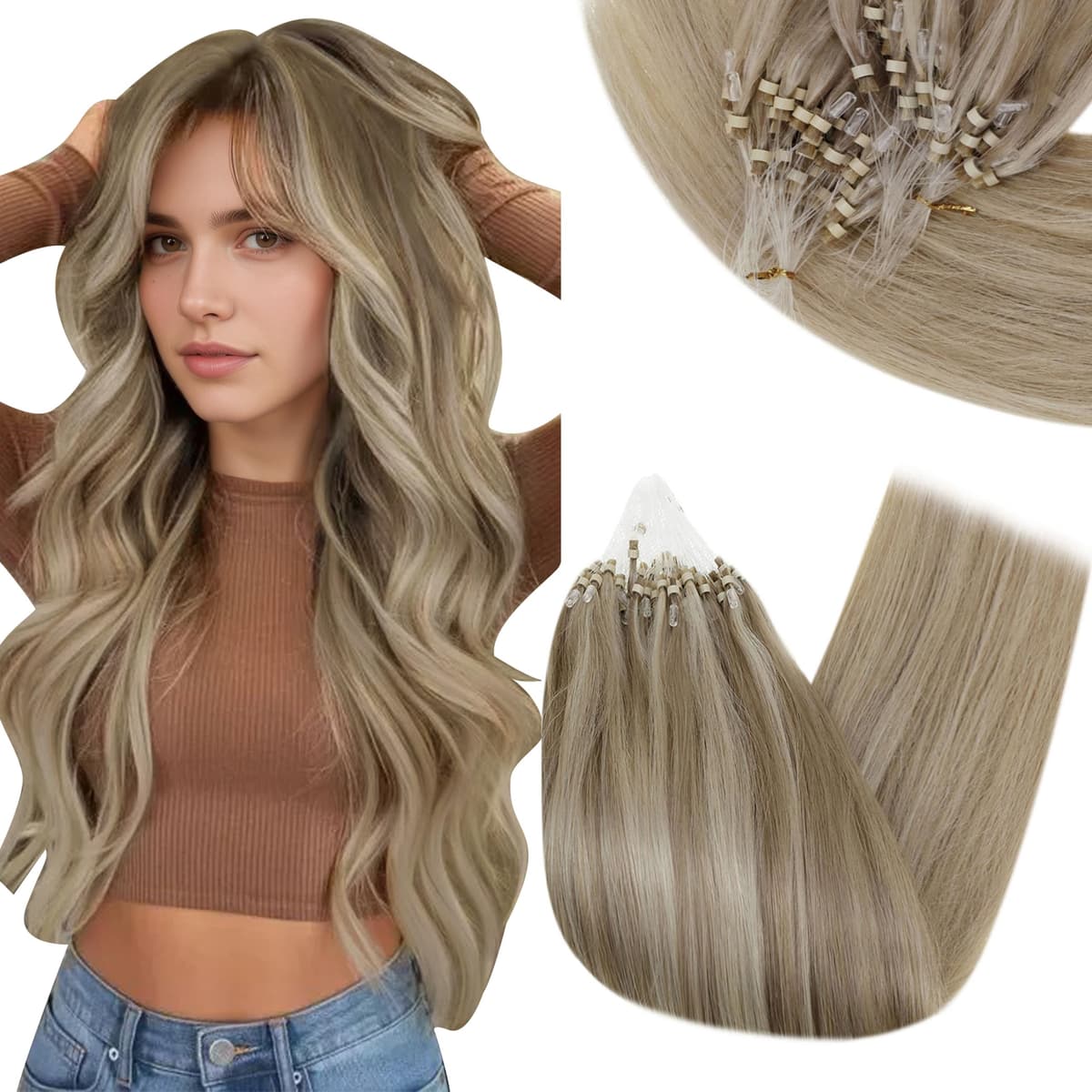 RUNATURE 18 Inch Nano Beads Hair Extensions Real Human Hair Ice Blonde Nano Hair Extensions Real Human Hair White Blonde Invisible Nano Rings Straight Remy Hair 50g 50s #800 — view 54