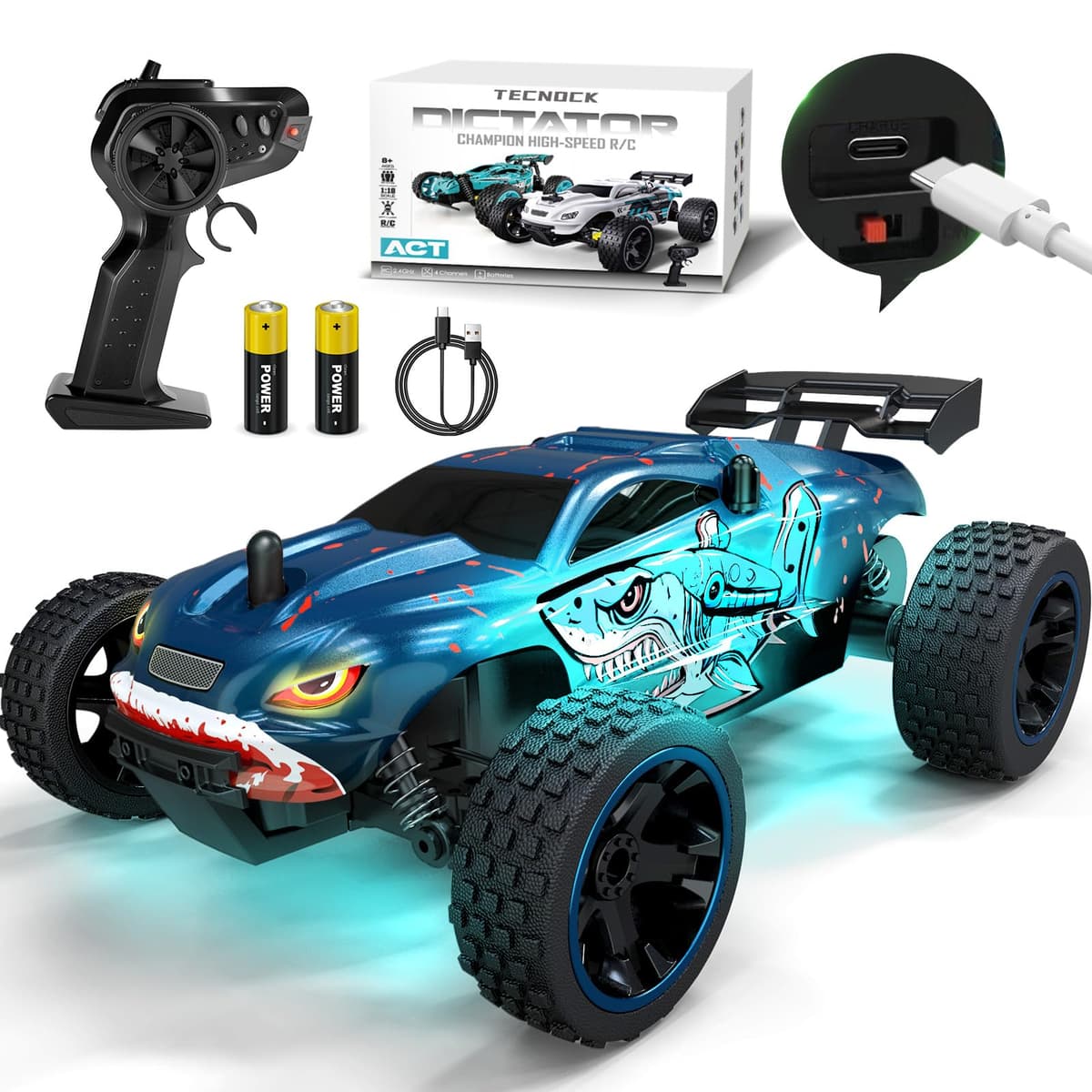 Tecnock - Coche teledirigido a distancia, escala 1:18, camión RC 2WD todoterreno 2.4GHz con luces LED, recarga USB-C fácil, 50 min de juego, juguete regalo para niños 8-12 años niños y niñas