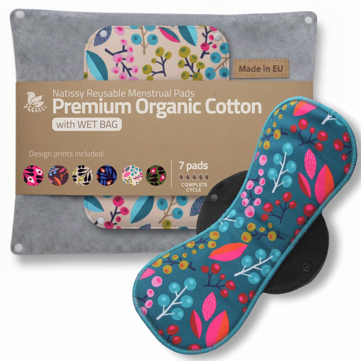 Compresas reutilizables en algodón orgánico para flujo menstrual ligero y abundante (S+M+L+XL, 7 uds); lavables a alta T°, HECHAS EN LA UE; suaves, no irritantes y cómodas, compresas tela para mujeres