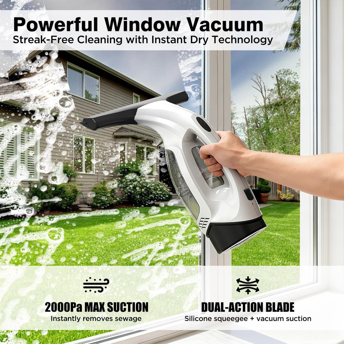 Window Vacuum Squeegee Cordless, 2000Pa Electric Window Cleaner Tool with 2200mAh & 150ml Water Collection Tank, Cleaning Kit Shower Squeegee for Glass Doors, Tiles, Mirrors, Car (White) — view 2