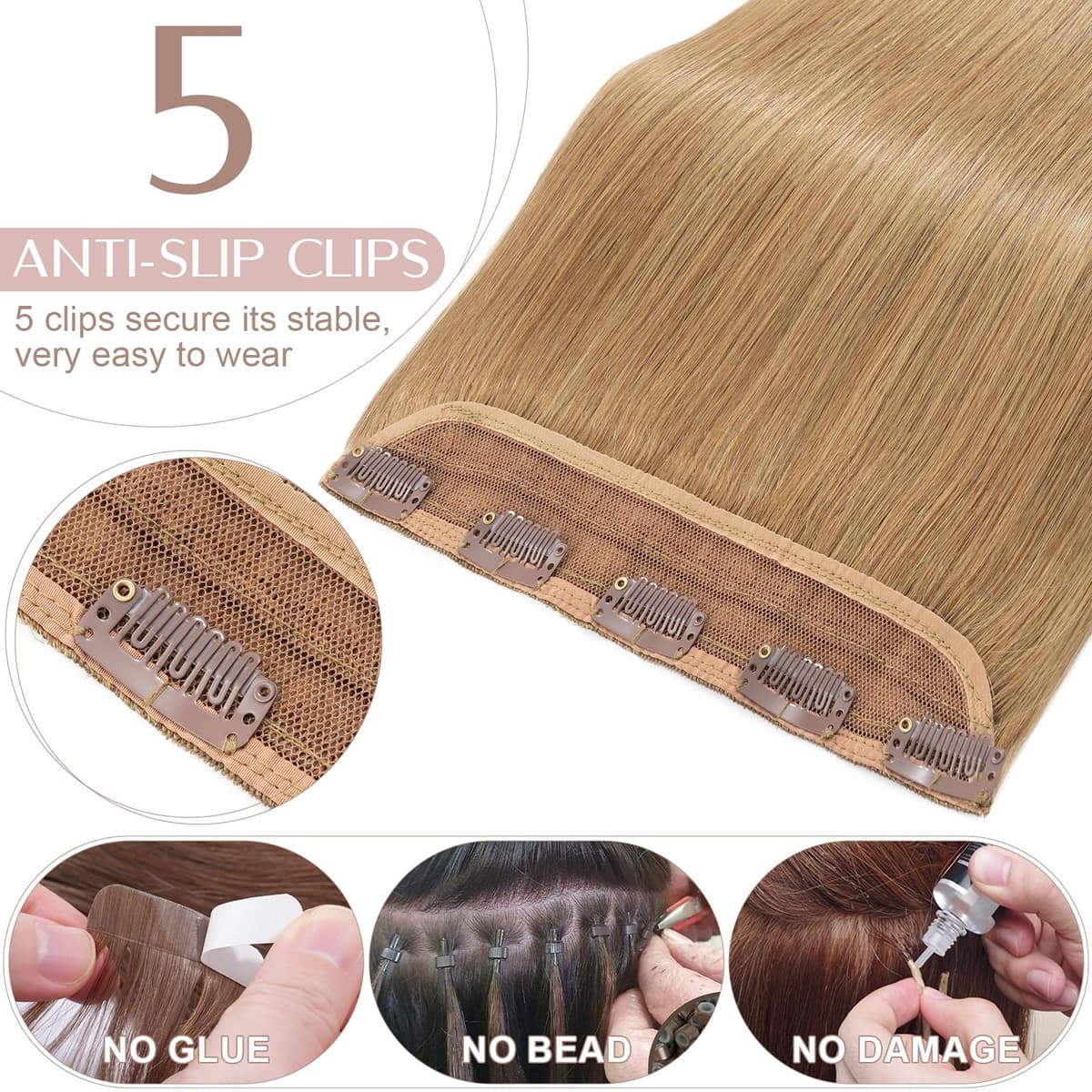 16 inches SEGO One Piece Hair Extensions Clip in Human Hair [#27 Dark Blonde] Real Remy Hairpieces for Women 3/4 Full Head Straight Invisible (45g) — view 2