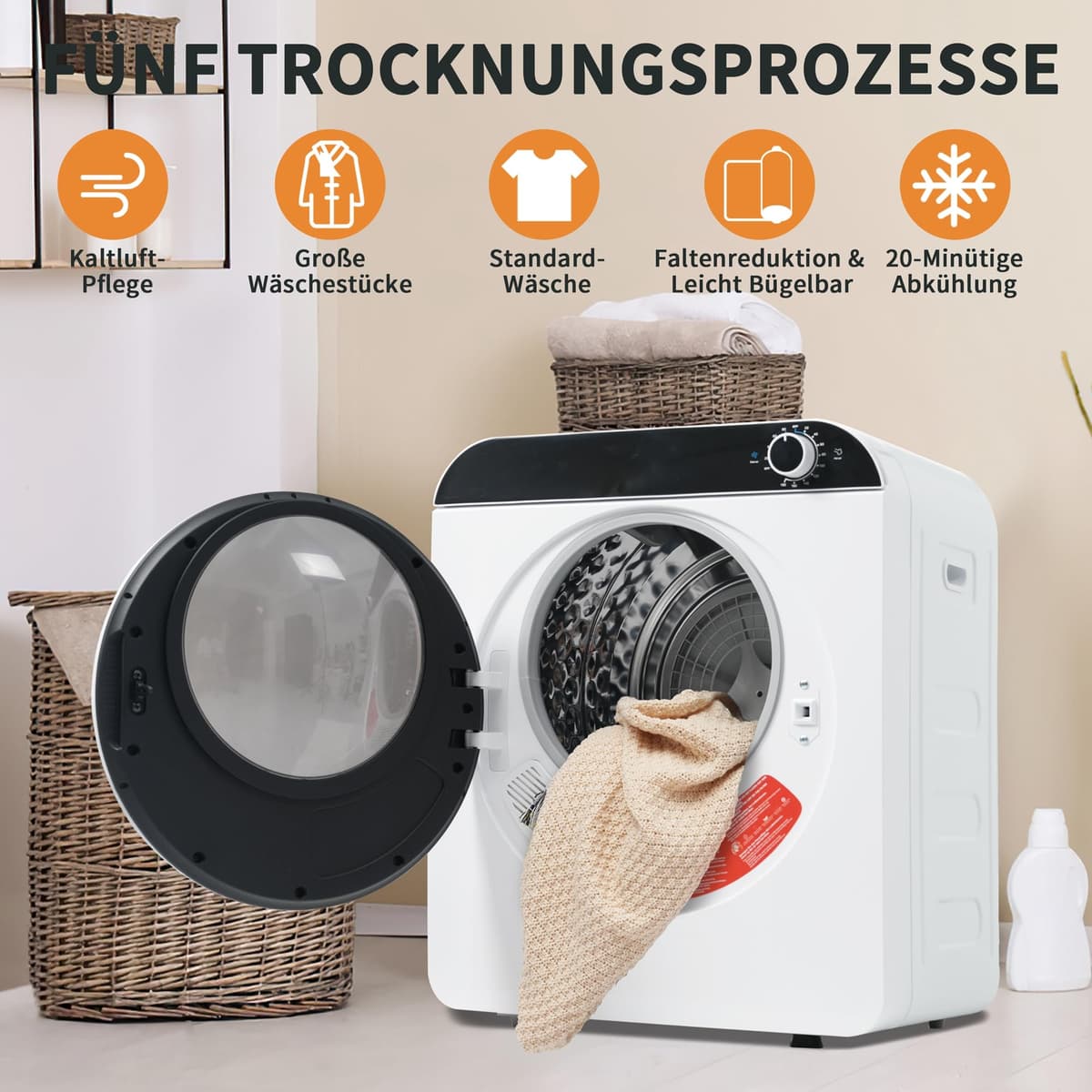 Secadora de Evacuación 4,5 kg con 4 Programas, Carga Frontal Secadora de Ropa 830 W, Montable en la Pared Secadora de Ropa con Tambor Inox, para Piso, Casa, Mobil Home, 59x49x43,5 cm, Blanco — view 4