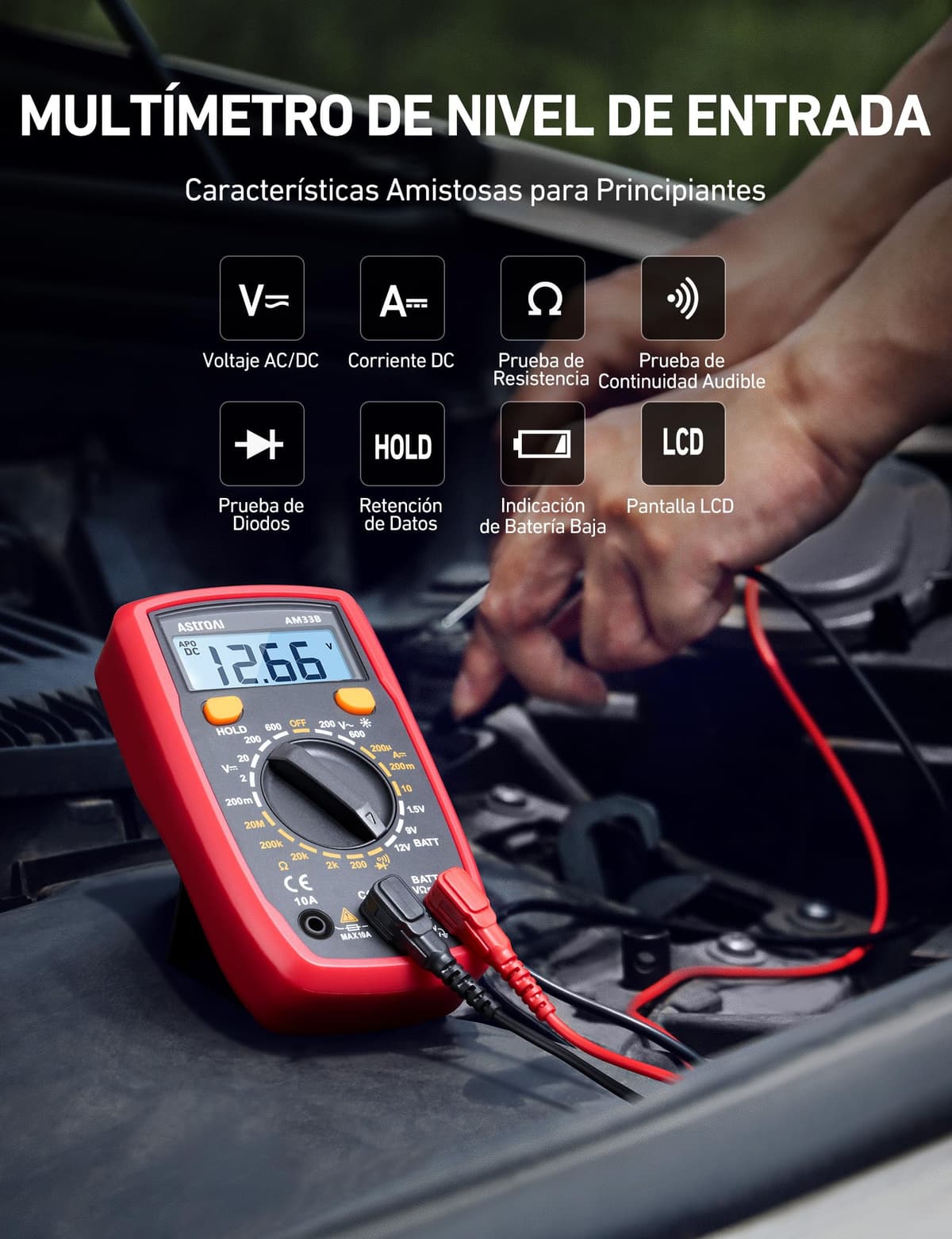AstroAI Multímetro Digital, Polímetro Profesional, Voltímetro, Tester Electricista, Multimeter para Corriente CC, Voltaje CA/CC, Resistencia, Continuidad y Diodos de Prueba, Negro — view 2
