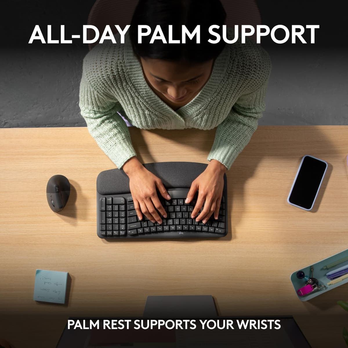 Logitech Wave Keys Wireless Ergonomic Keyboard with Cushioned Palm Rest, Comfortable Natural Typing, Easy-Switch, Bluetooth, Logi Bolt Receiver, for Multi-OS, Windows/Mac, UK English QWERTY - Graphite — view 4