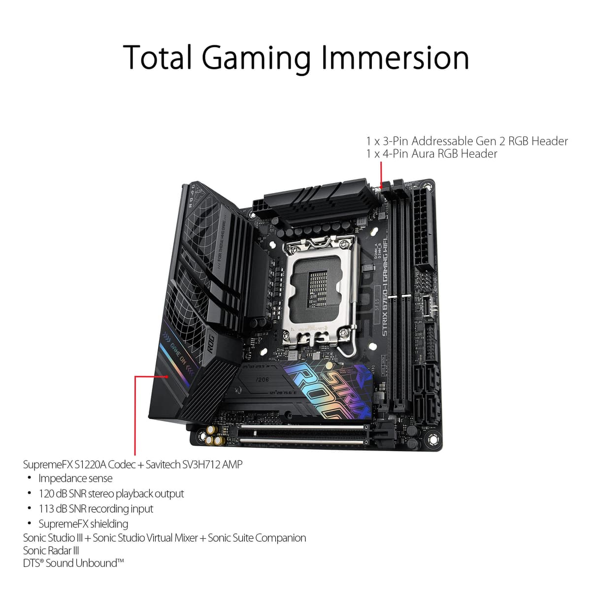 ASUS ROG Strix B760-I Gaming WiFi - Placa Base Intel B760 (LGA 1700 Mini ITX, 8+1 DrMOS, DDR5 hasta 7600 MT/s, PCIe 5.0, Dos Ranuras M.2, WiFi 6E, USB 3.2 Gen 2x2 Type-C y Aura Sync RGB), Negro — view 4