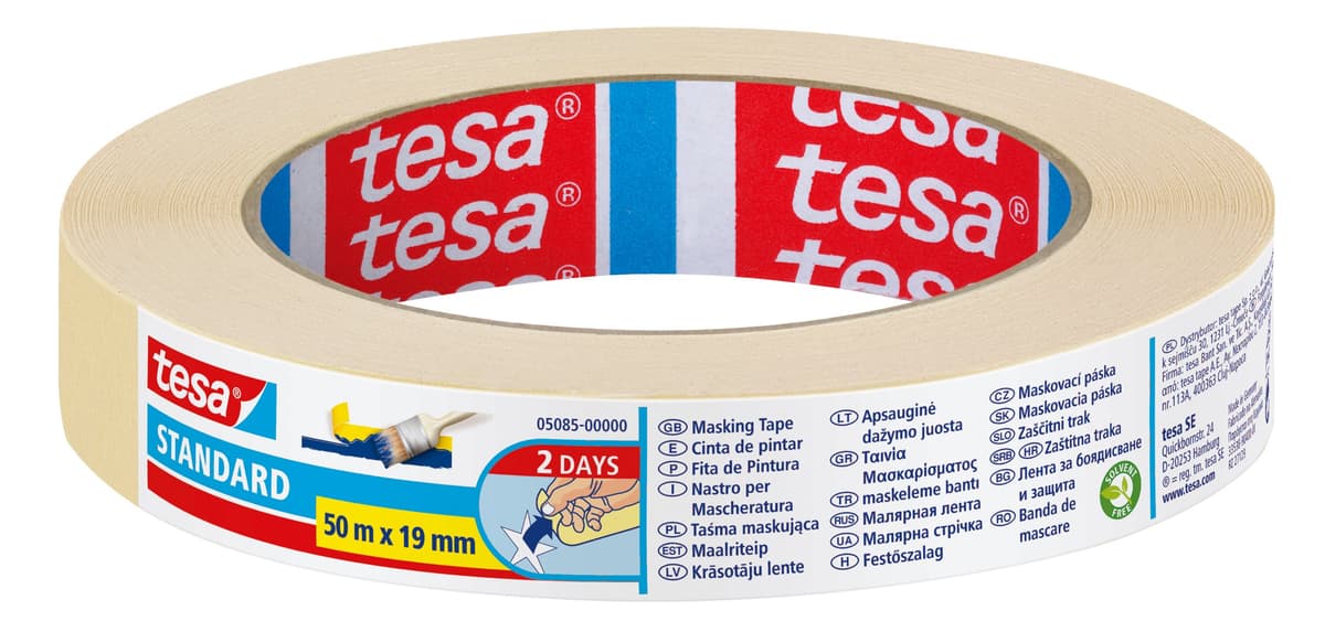 tesa Cinta de Pintar STANDARD, Cinta de Pintor, Removible Sin Residuos hasta 2 Días Después, Sin Disolventes, Ancha, 50 m x 19 mm