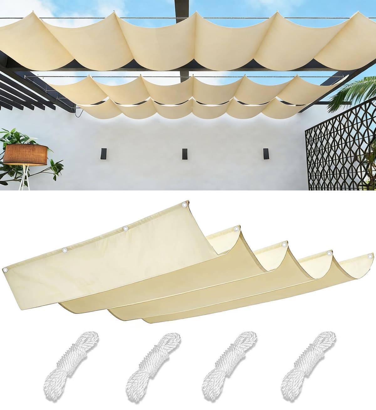 Retractable Wave Sun Shade Sail Rectangle Waterproof Sun Shade for Outdoor Garden UV Block Sunshade Cloth Canopy with Rope for Yard Deck Lawn Garden Patio Carport 0.9x3.5M Cream