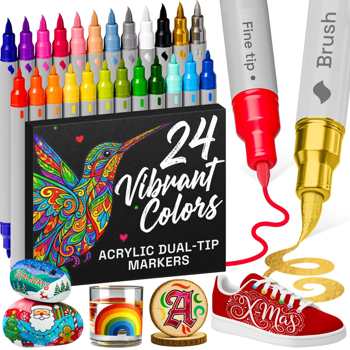 ARTISTRO 5 Black Acrylic Paint Pens – Dual Tip (Brush & Fine) Markers for Fabric, Canvas, Rock, Glass, Wood – Calligraphy, Scrapbook Supplies DIY & Gift for Kids, Teens - Art Set — view 14