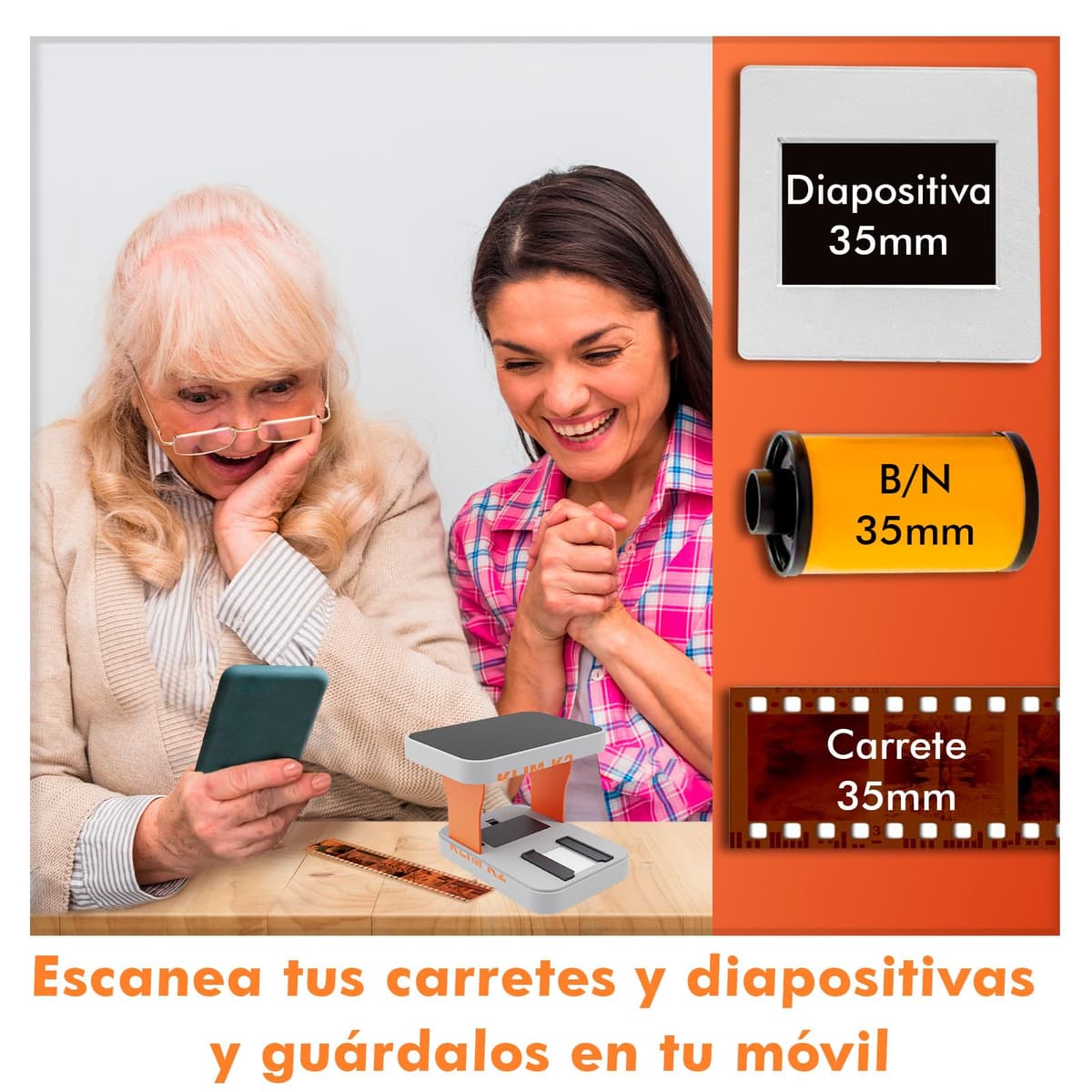 KLIM K2 Escaner Negativos 35mm - App Gratuita - Escáner de Positivos, Escaner de Diapositivas, Visor Diapositivas, Digitalizador Negativos - El Mejor escáner para Fotos Antiguas - Naranja y Gris — view 2