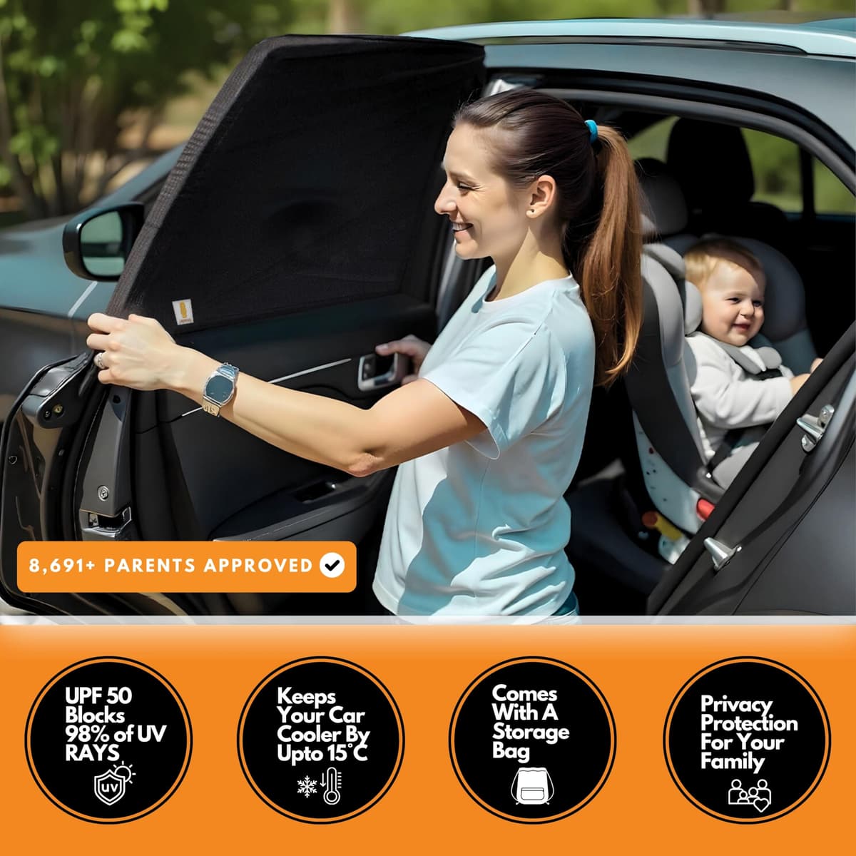 JBB Premium Car Window Shades for Baby – 2 Pack Stretchable Mesh (Fits 95% Cars) | Baby Car Sun Shades – UV Protection for Kids & Pets | Rear Side Car Window ShadesBaby | Breathable Privacy Shade — view 4
