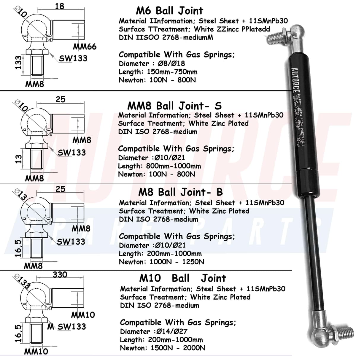 Universal Gas Struts Springs Heavy Duty Shock Absorber With BALL JOINT Heads Force From 100N to 2000N, Open Length From 150MM to 1000MM AUTORCE Lift Support System (300MM, 300 N) — view 6