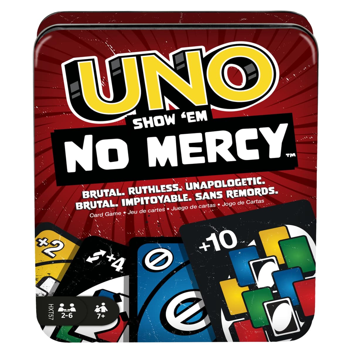 Mattel Games UNO No Mercy, Juego de Cartas con Cartas adicionales, Reglas Especiales y penalizaciones más despiadadas, Juego de Mesa Familiar, para niños y niñas +7 años, HXT57, Caja de Metal
