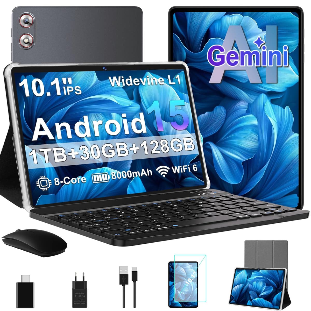 fezawio Android 15 Tablet 10 Pulgadas Gemini AI, Tablet PC Octa-Core, 30 GB RAM + 64 GB ROM (1TB TF), 3.5mm Audio/GMS/WiFi 6 & BT 5.0 / 6000mAh / GPS/Widevine L1, Tableta con Teclado-Morado — view 9