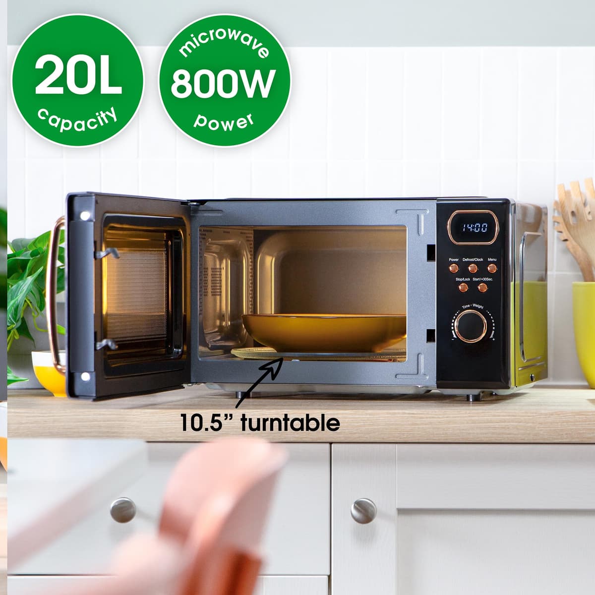 Abode Retro Microwave 20 Litre Black with Rose Gold Accent Digital 800W, Mirror Finish, 8 Auto Cook Settings & Defrost, 5 Power Levels AMD2004BRG — view 5
